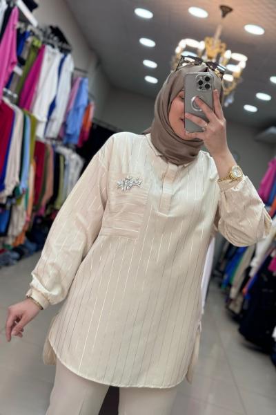 3578 TEK CEBİ TAŞ İŞLEMELİ TUNİK  Bej