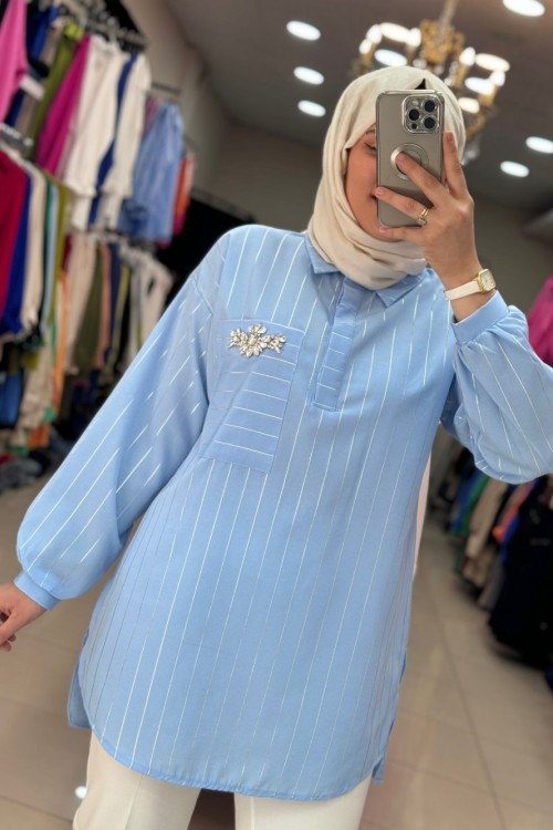 3578 TEK CEBİ TAŞ İŞLEMELİ TUNİK  Mavi