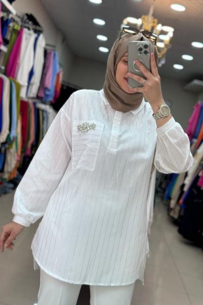 3578 TEK CEBİ TAŞ İŞLEMELİ TUNİK  Beyaz