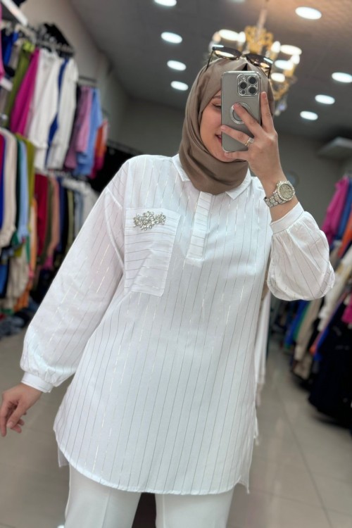 3578 TEK CEBİ TAŞ İŞLEMELİ TUNİK  Beyaz