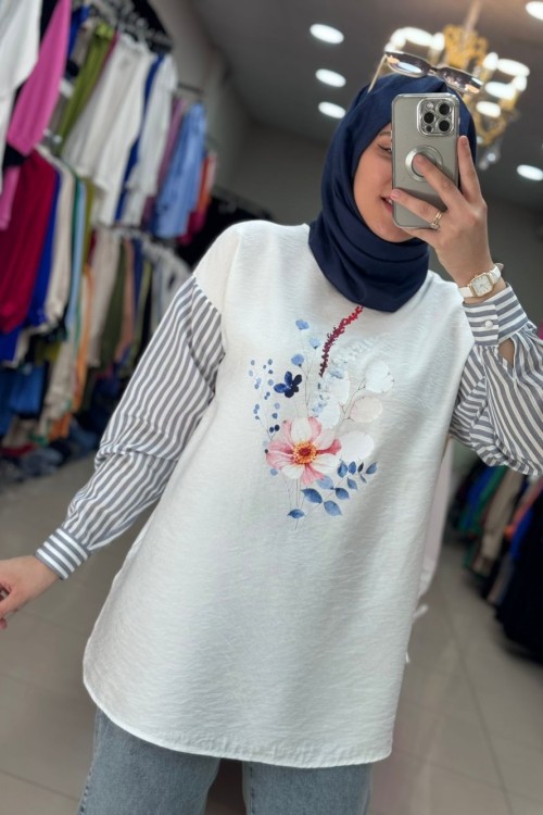 3579 ÇİÇEKLİ TUNİK  Beyaz