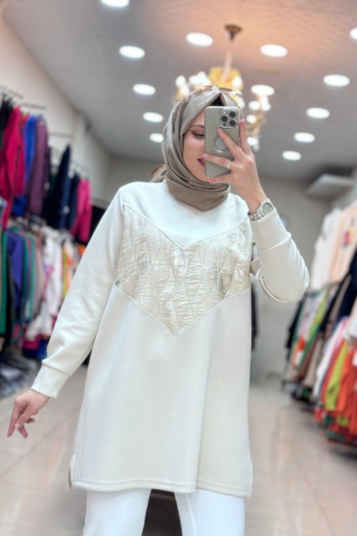 3848 V DESENLİ TUNİK  Taş Rengi