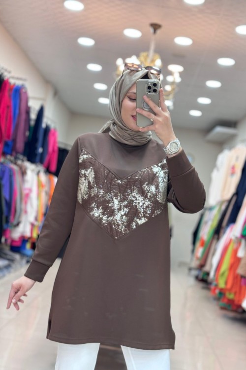 3848 V DESENLİ TUNİK  Kahverengi