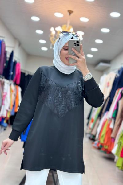 3848 V DESENLİ TUNİK  Siyah