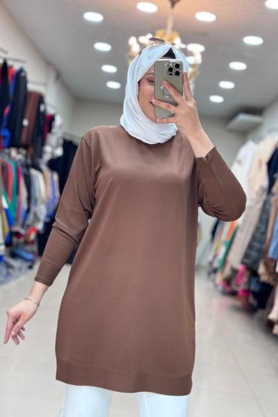 4208 DÜZ MERSERİZE TUNİK Kahverengi