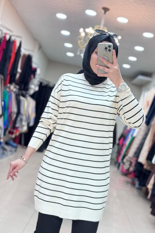 4210 ÇİZGİLİ MERSERİZE TUNİK Krem