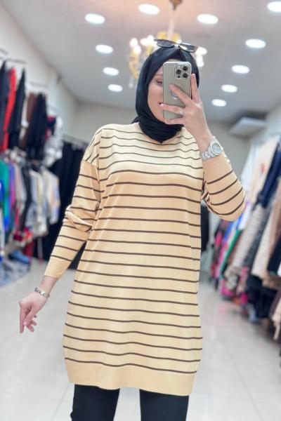 4210 ÇİZGİLİ MERSERİZE TUNİK Camel