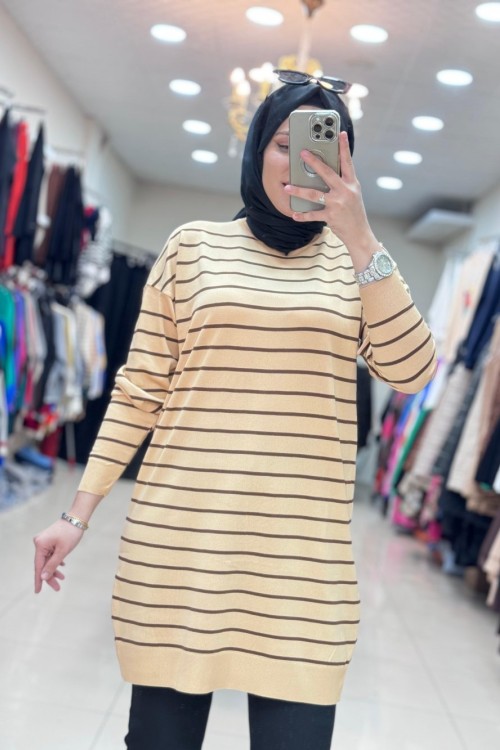 4210 ÇİZGİLİ MERSERİZE TUNİK Camel
