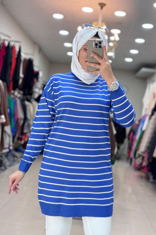 4210 ÇİZGİLİ MERSERİZE TUNİK Saks Mavisi