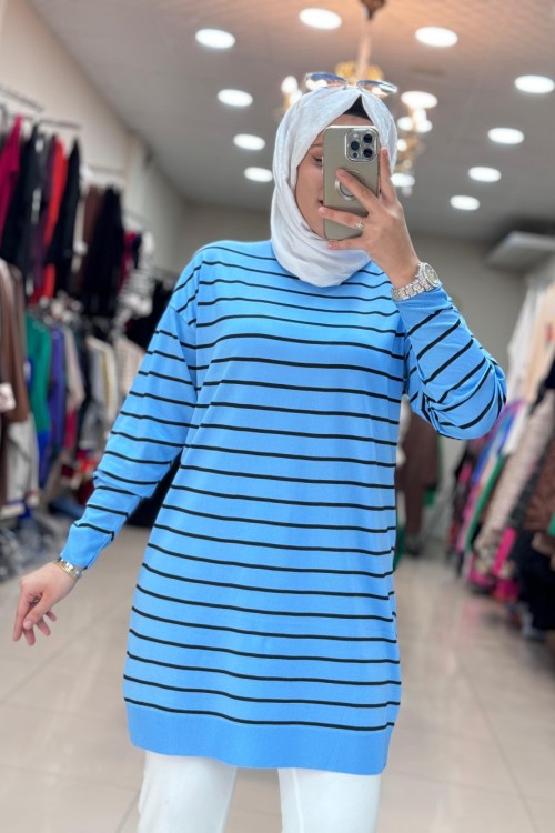 4210 ÇİZGİLİ MERSERİZE TUNİK Açık Mavi