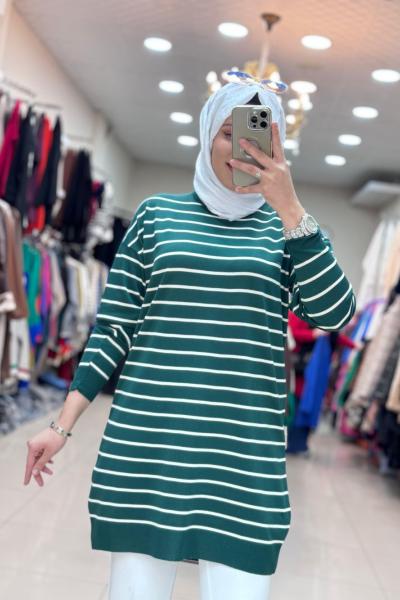 4210 ÇİZGİLİ MERSERİZE TUNİK Zümrüt