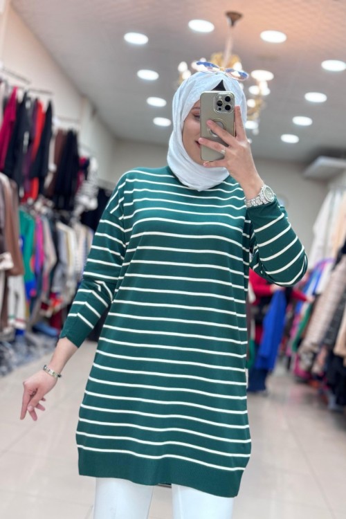 4210 ÇİZGİLİ MERSERİZE TUNİK Zümrüt