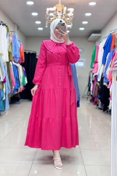 4490 ÖNLÜK YAKA ELBİSE Pembe