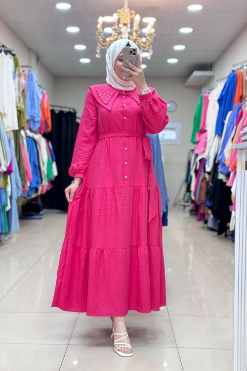 4490 ÖNLÜK YAKA ELBİSE Pembe