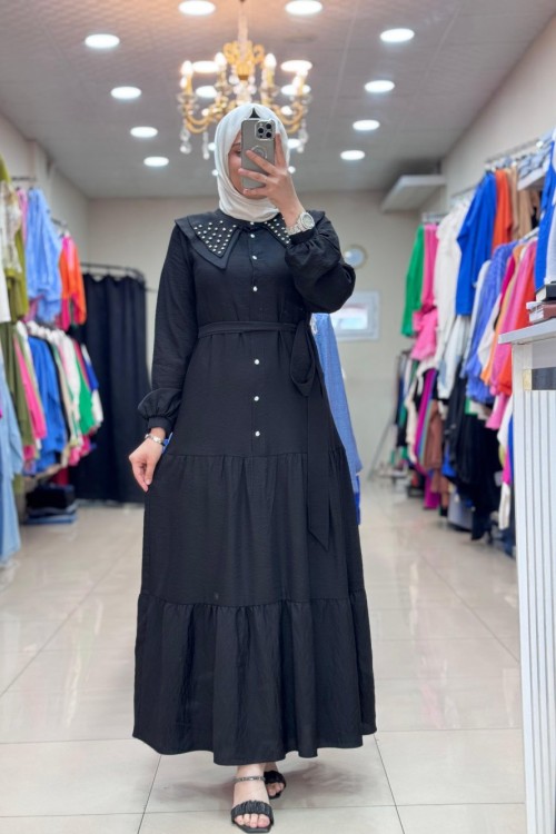 4490 ÖNLÜK YAKA ELBİSE Siyah