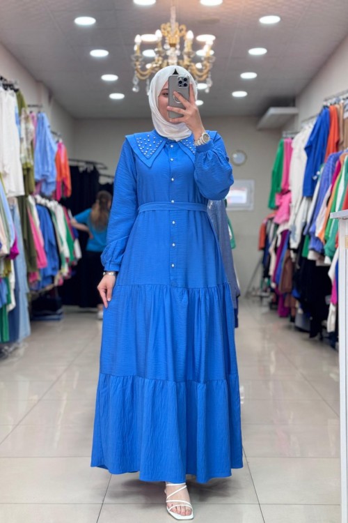 4490 ÖNLÜK YAKA ELBİSE Mavi