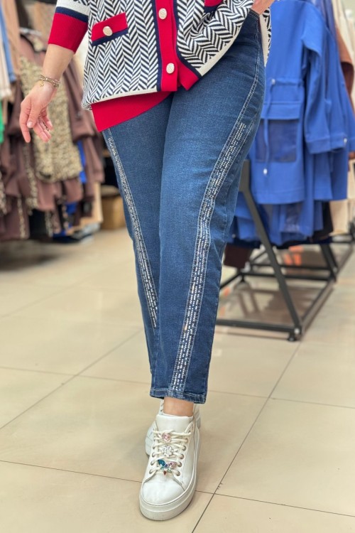 4490 TAŞ GEÇİŞLİ KOT PANTOLON  Lacivert