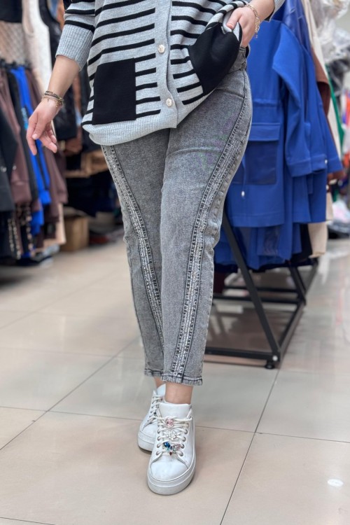 4490 TAŞ GEÇİŞLİ KOT PANTOLON  Füme