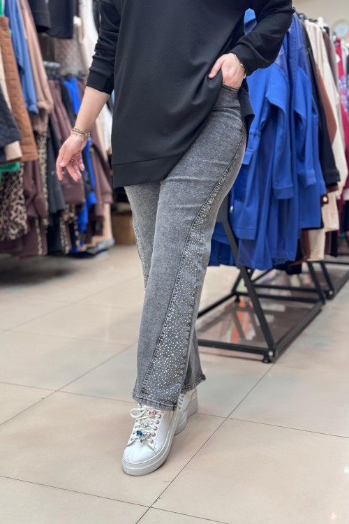 4491 ÜÇGEN TAŞ DETAYLI KOT PANTOLON Füme