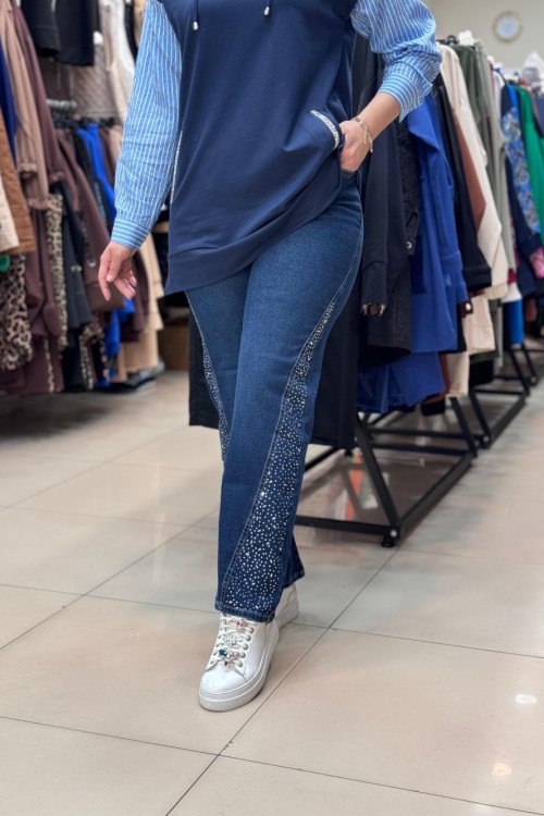 4491 ÜÇGEN TAŞ DETAYLI KOT PANTOLON Lacivert