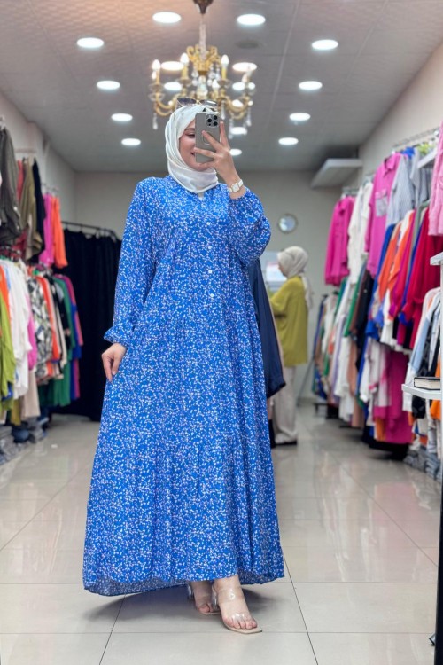 4494 Çiçekli Viskon Elbise Mavi