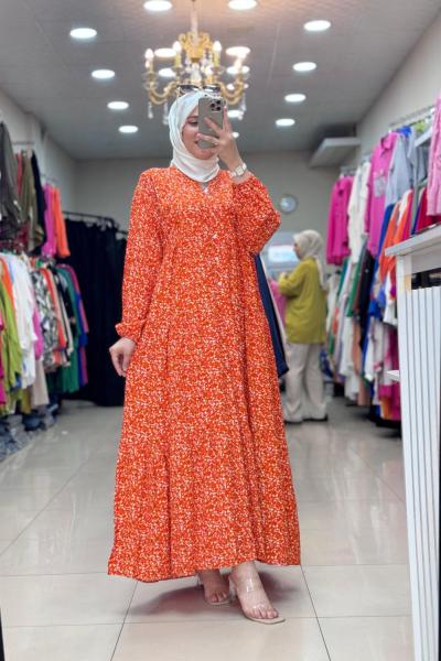 4494 Çiçekli Viskon Elbise Turuncu