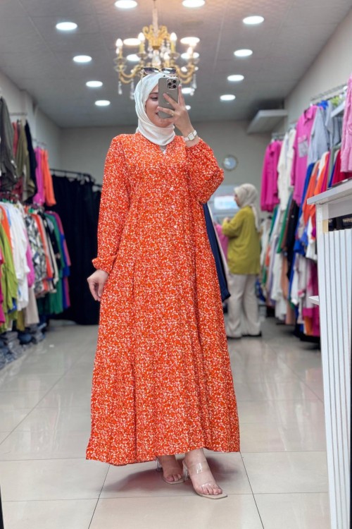 4494 Çiçekli Viskon Elbise Turuncu