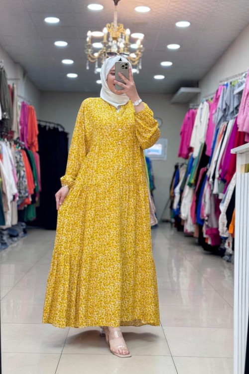 4494 Çiçekli Viskon Elbise Sarı
