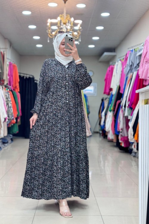4494 Çiçekli Viskon Elbise Siyah