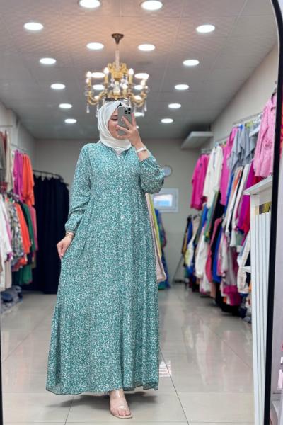 4494 Çiçekli Viskon Elbise Mint Yeşili