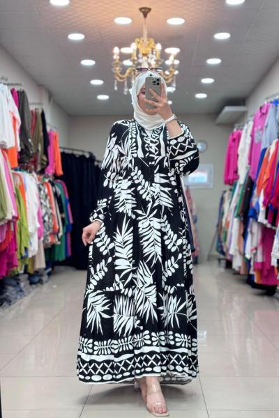 4495 Yaprak Desenli Elbise Siyah Beyaz