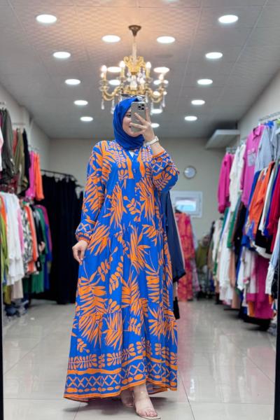 4495 Yaprak Desenli Elbise Mavi Turuncu