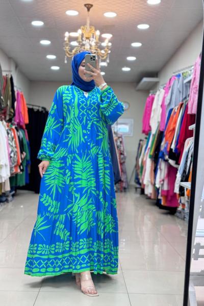 4495 Yaprak Desenli Elbise Mavi Yeşil