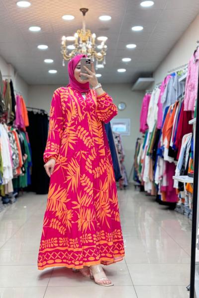 4495 Yaprak Desenli Elbise Pembe Turuncu