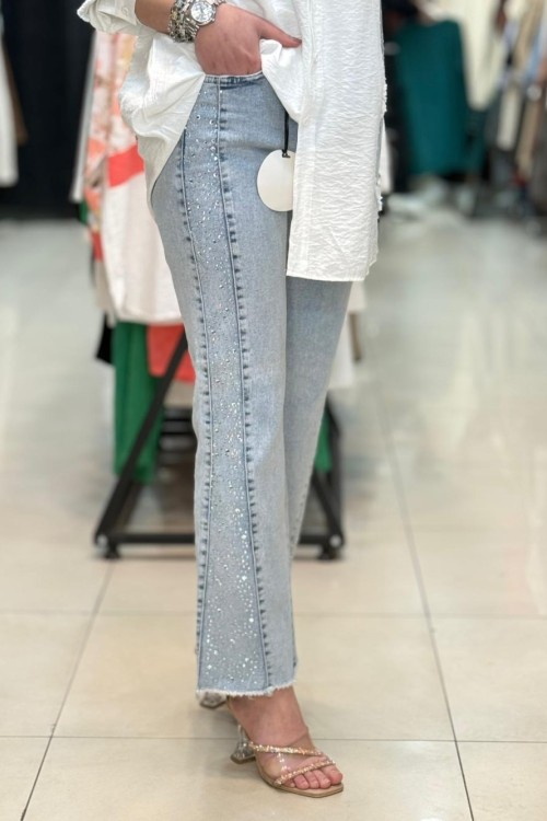 4590 PÜSKÜLLÜ TAŞLI KOT PANTOLON BUZ MAVİ