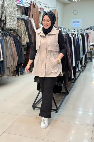 4625 NOSHE KAPŞONLU YELEK Sütlü Kahve