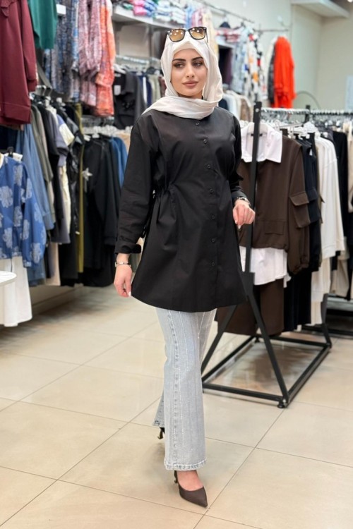 4673 Belden Büzmeli Poplin Gömlek Siyah