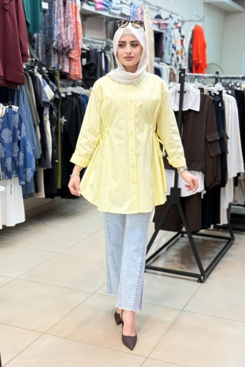 4673 Belden Büzmeli Poplin Gömlek Sarı