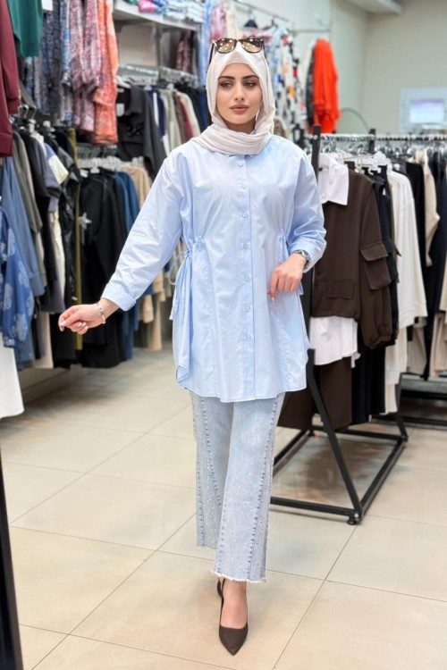 4673 Belden Büzmeli Poplin Gömlek Mavi