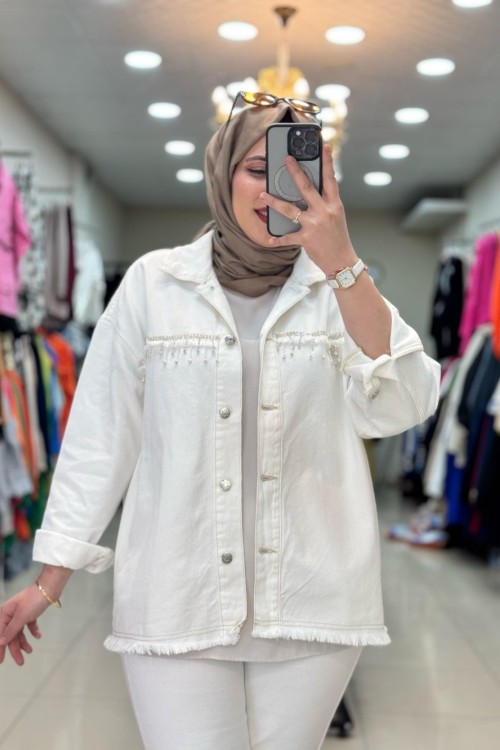 5052 LAYLA TAŞLI KOT CEKET Beyaz
