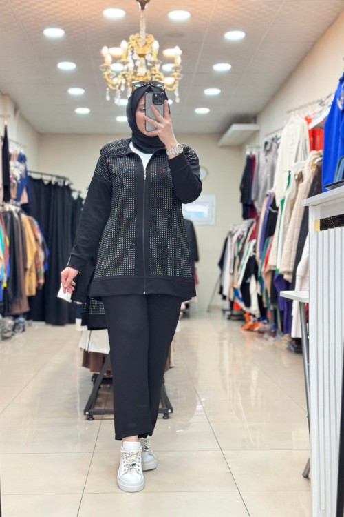 5316 TAŞLI FERMUARLI OYSHO TAKIM  Siyah