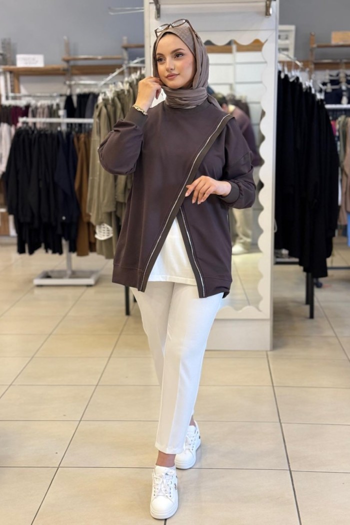 5339 Fermuar detaylı SweatShirt Acı Kahve