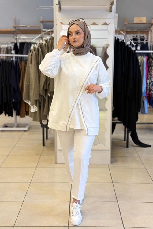 5339 Fermuar detaylı SweatShirt Beyaz