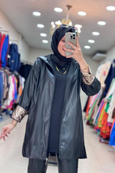 5529 KOL YILAN DETAYLI  DERİ TRENÇ  Siyah