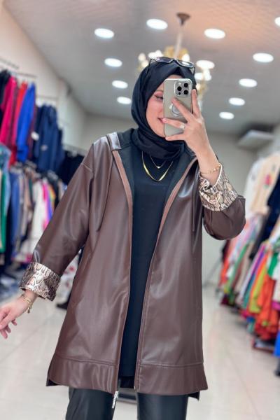 5529 KOL YILAN DETAYLI  DERİ TRENÇ  Kahverengi