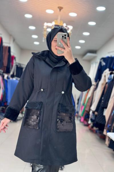 5542 Kürklü Payetli Ceket Siyah