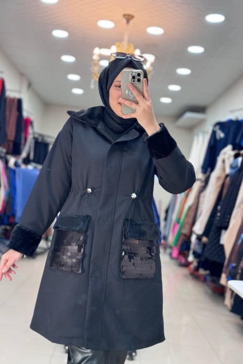 5542 Kürklü Payetli Ceket Siyah