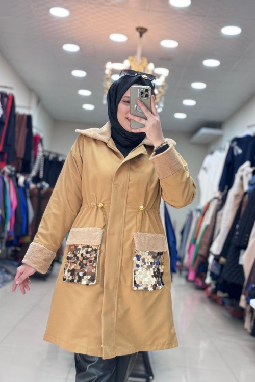 5542 Kürklü Payetli Ceket Taba