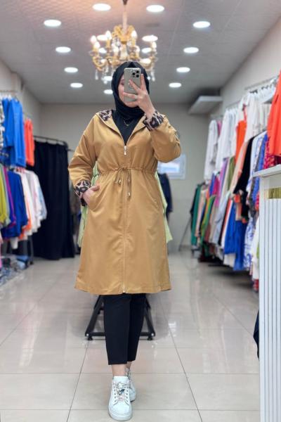 5555 KOL LEOPAR DETAYLI TRENÇ  Camel