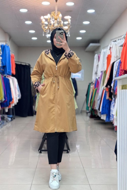 5555 KOL LEOPAR DETAYLI TRENÇ  Camel